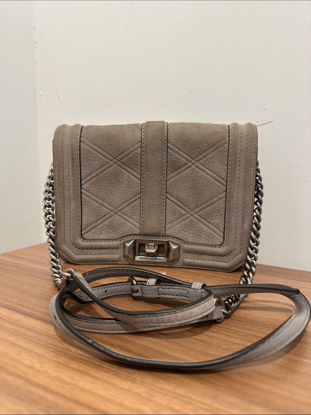 Rebecca Minkoff Taupe Quilted Suede Mini Crossbody